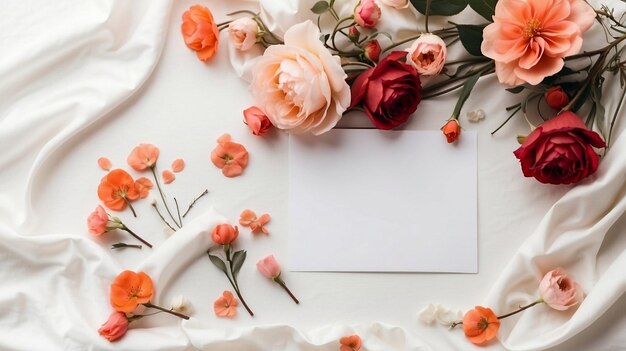 写真 鮮やかな白い絹の背景に花とカードのフラットレイ