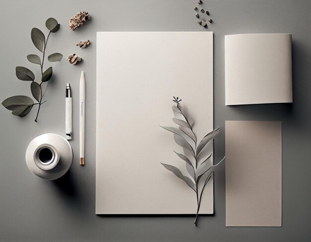 Flatlay Paper Mockup op tafel Modern en minimalistisch ontwerp gemaakt met generatieve AI