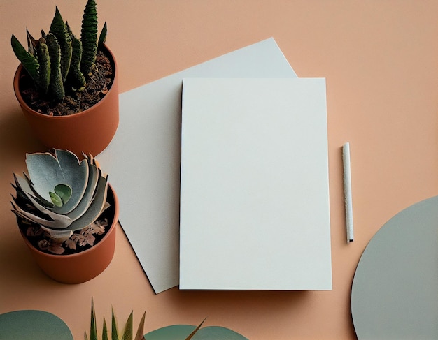 Photo flatlay paper mockup on table modern and minimalistic design created with generative ai