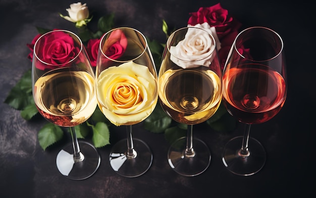 Photo flatlay of red rose and white wine in glasses