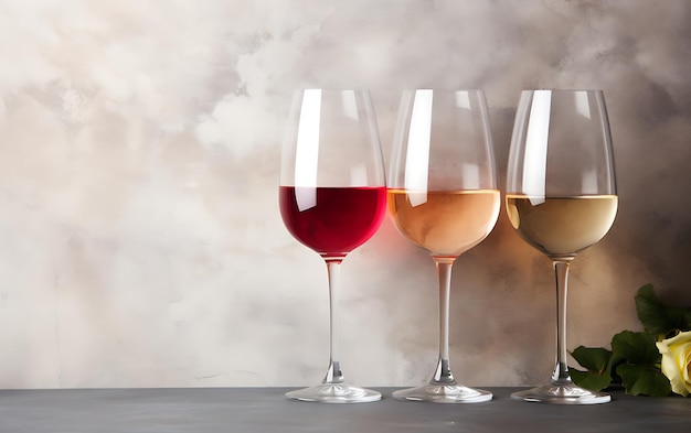 Photo flatlay of red rose and white wine in glasses