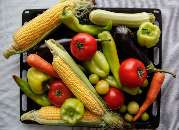 Flatlay van verse groenten op het ijzeren zwarte dienblad