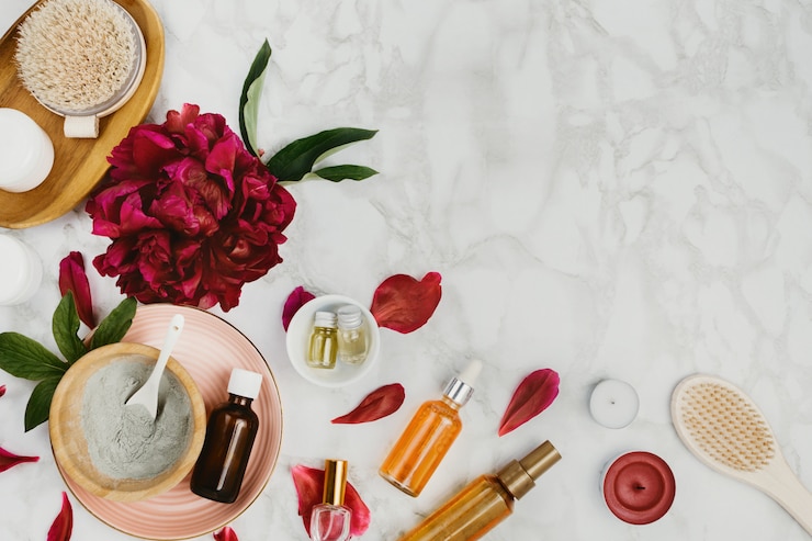 Photo flatlay of various beauty, bath and spa products