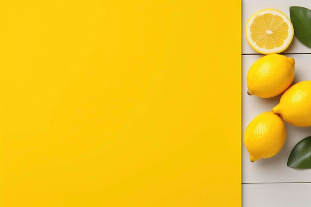 Photo flatlay yellow lemons with copy space summer concept