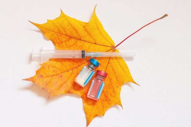 Flatley, a yellow maple leaf on a white background, on the leaf is a syringe and two vials of vaccine. The concept of increasing the incidence of diseases in the fall and the need for vaccinations.