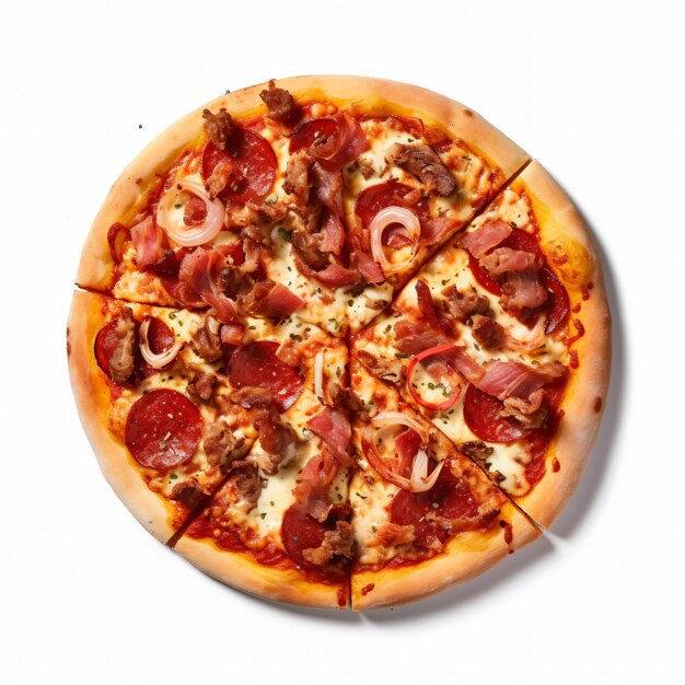 A Flatly Realistic pizza with sausage and pepperoni on it flat lay shot