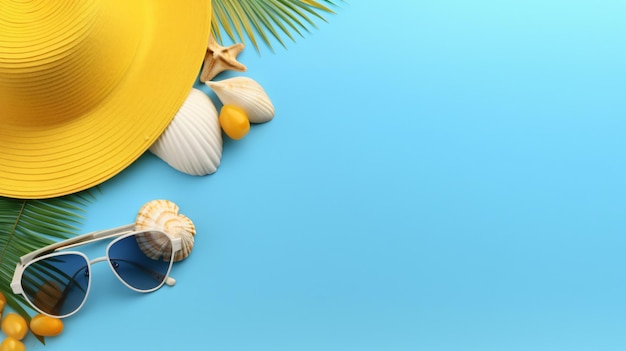 Photo flatly top view summer background with hat sunglasses seashell and monstera leaf on blue