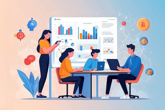 a flatstyle illustration of students using AI algorithms to analyze social behavior in psychology experiments vector illustration in flat style