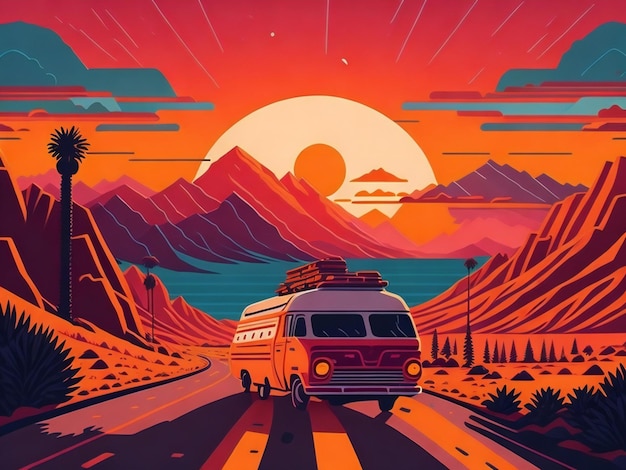 Плоская иллюстрация фургона, едущего по извилистой калифорнийской дороге.