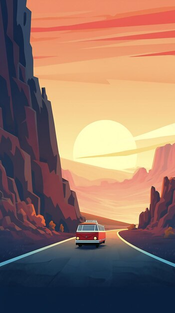 A flatstyle illustration of a van driving along a winding California road