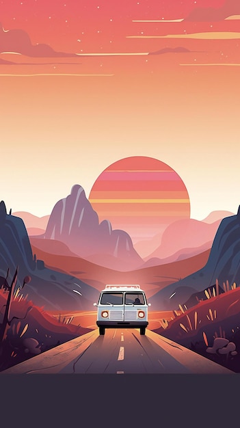Foto un'illustrazione flatstyle di un furgone che guida lungo una tortuosa strada della california