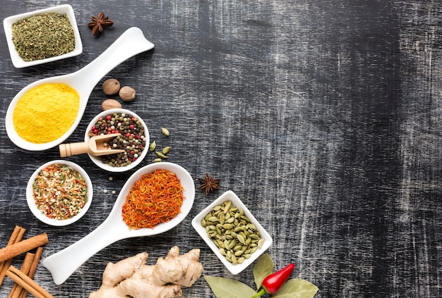 Flavored spices assortments on table