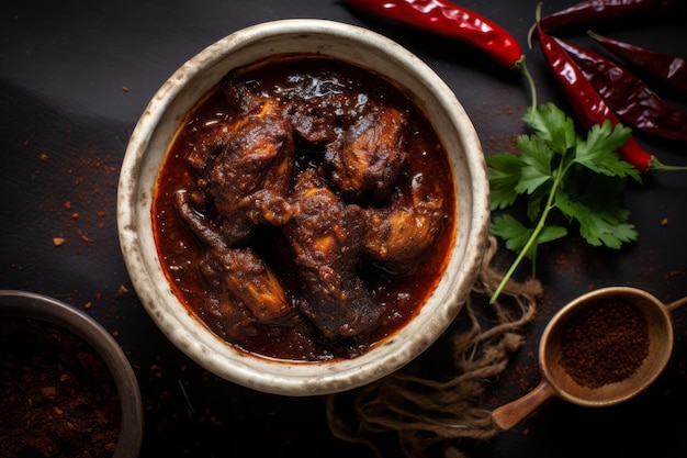 Flavorful Adobo Sauce in a Bowl with Dried Ancho Chili for a Savory Delight Top View Captured in 3