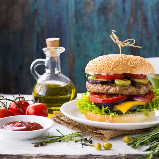 Flavorful Burger Delight Hot Cutlet with Crisp Lettuce and Fresh Veggies