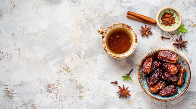 Flavorful Dates and Cinnamon in Bowl with Cup of Tea on Grey Background