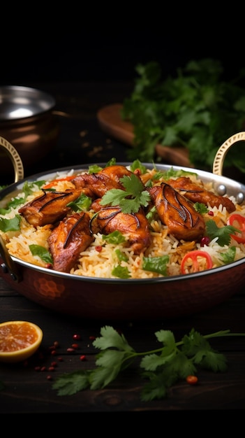 Flavorful delight Dum chicken biriyani a vibrant Kerala Thalassery version captured in close up Ve