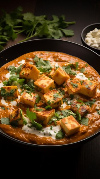 Flavorful fusion Vertical shot showcasing traditional paneer butter masala a rich cottage cheese cu