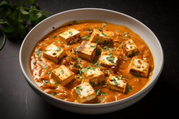 Foto fusione aromatica scatto verticale che mostra il tradizionale paneer butter masala un ricco formaggio cottage