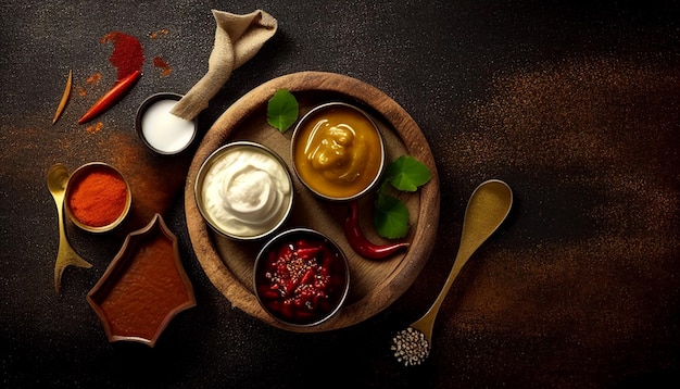 Flavorful Indian condiments view from above with copy space