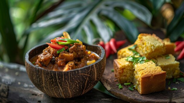 Photo a flavorful jackfruit stew served in a coconut bowl and accompanied by a side of cornbread made with