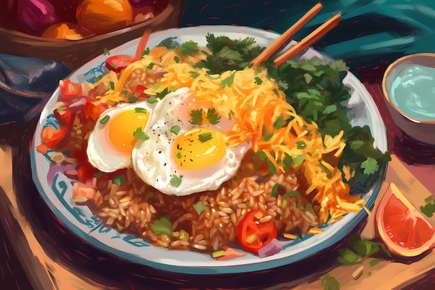 A flavorful plate of nasi goreng with an array of colorful vegetables and spices Generative AI