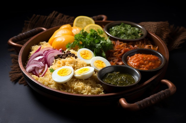 Flavorful presentation Pakistani meal thoughtfully arranged in a basket captured from above