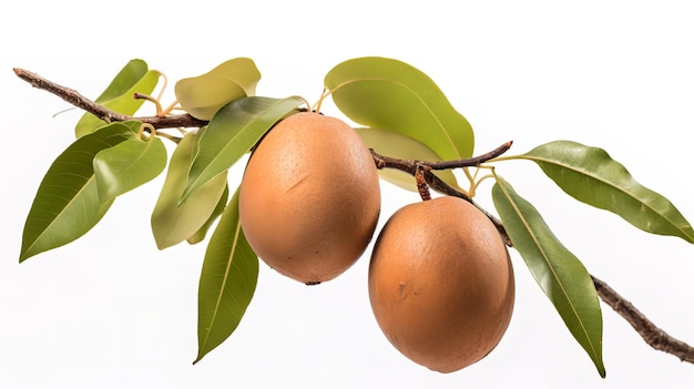 flavorful sapodilla with branch isolated on white background