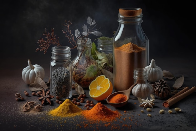 Flavorings and seasonings on a drab unkempt backdrop