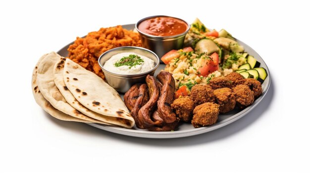 Flavors of the East Chicken and Roti with Salad Platter on white background