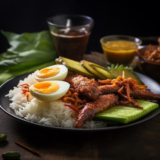 Photo flavors of malaysia nasi lemak delight on banana leaves