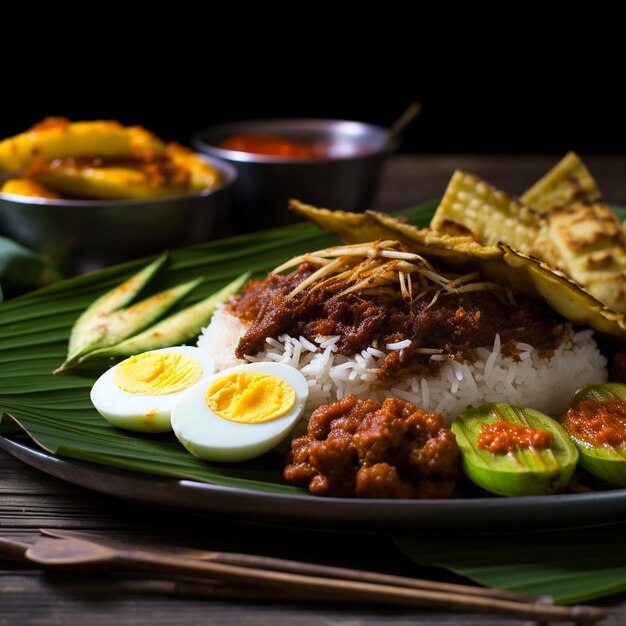 Photo flavors of malaysia nasi lemak delight on banana leaves