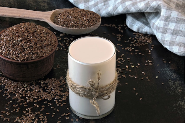 Flax milk and flaxseeds. Vegan milk concept. Keto diet Keto drinks.