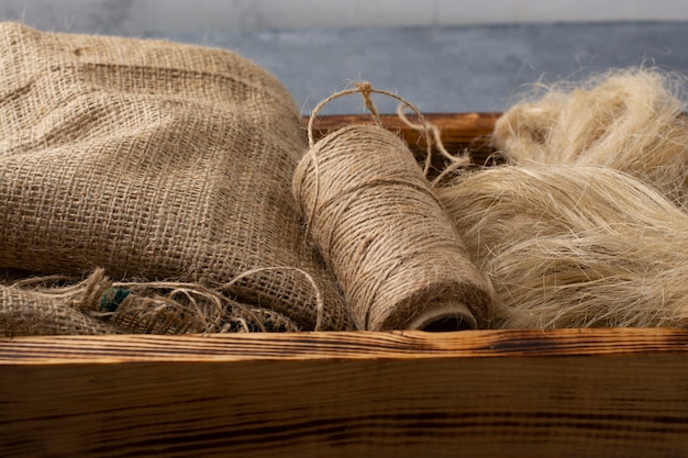 Photo flax processing products in a wooden box