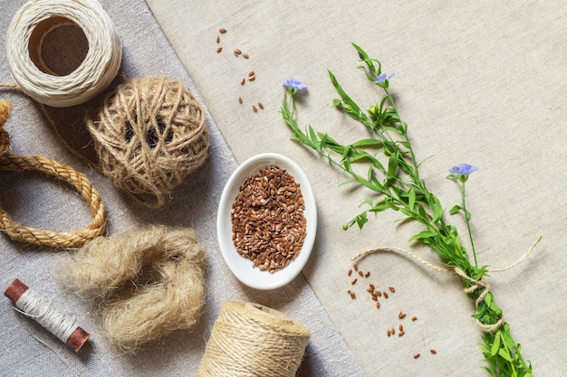 Flax products, oil, seeds on linen cloth and blooming flax