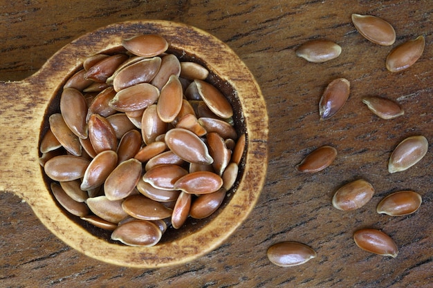 Flax seeds Flaxseed powder in a wooden spoon Standing on a Wooden background