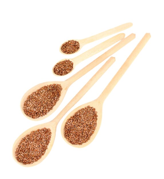 Flax seeds in wooden spoons on white background closeup