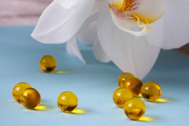 Flaxseed oil capsules on a table