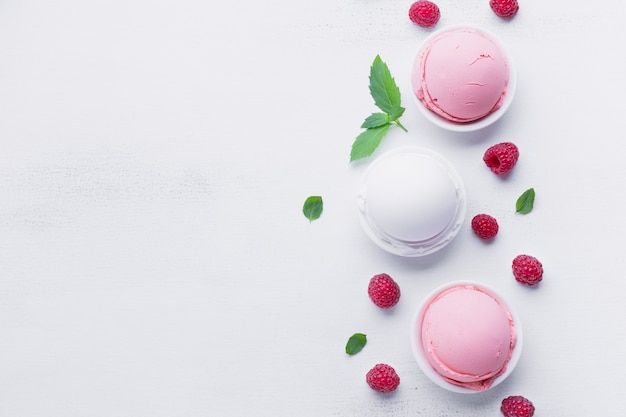 Flay lay of ice cream on white table