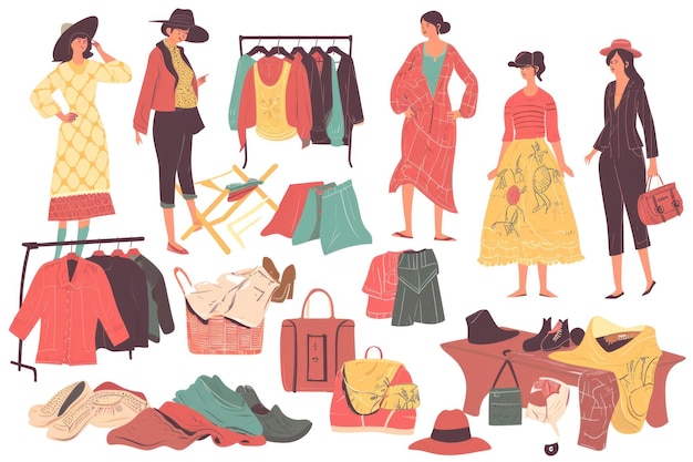 Фото Иллюстрационный набор блошиного рынка персонаж покупает подержанную винтажную одежду на уличном рынке устойчивая эко-мода и концепция пожертвования одежды