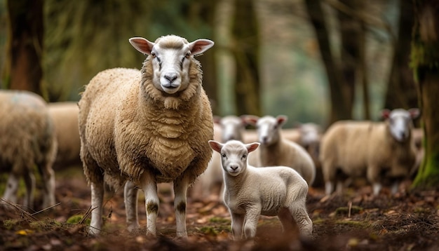 AI によって生成された緑豊かな牧草地で放牧されているフリース コーティングされた子羊