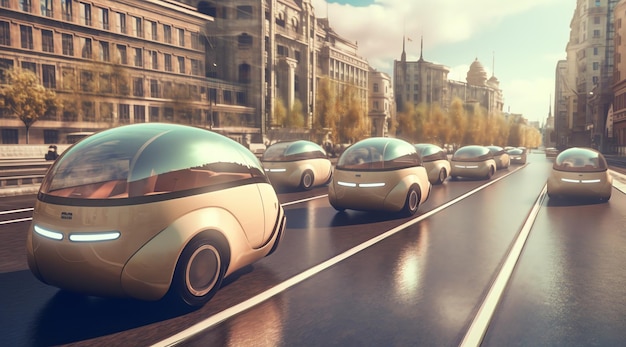 A fleet of autonomous cars are driving on a road.