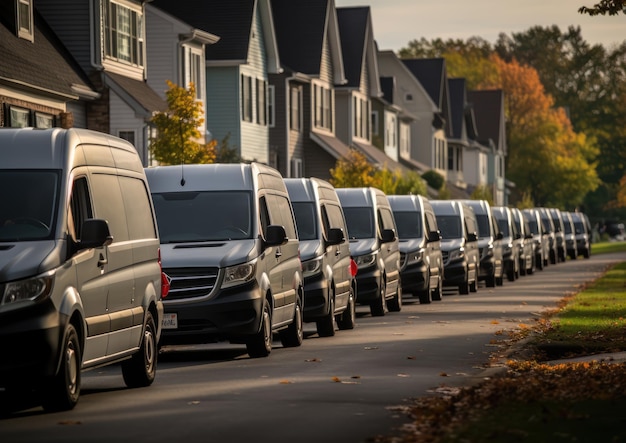 A fleet of autonomous delivery vans efficiently navigating through a suburban neighborhood showcasi