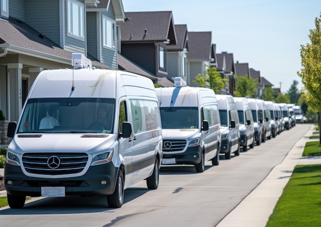 A fleet of autonomous delivery vans efficiently navigating through a suburban neighborhood showcasi