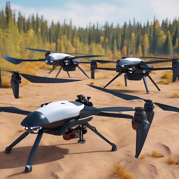 A fleet of autonomous drones conducting search and rescue missions in remote wilderness areas savi