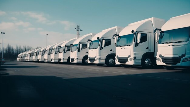 Fleet of company electric vehicles charging in the logistic hall center Generative AI illustrator