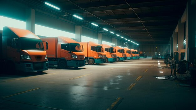 Photo fleet of company electric vehicles charging in the logistic hall center unloading of a semi truck us