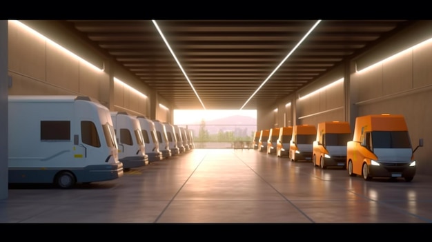 Fleet of company electric vehicles charging in the logistics hall center Unloading of a semi truck used for delivery sun and wind energy production facility Consumer shipping and Generative AI