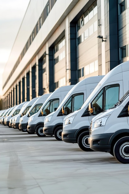 Флот фургонов для доставки выстраивается за пределами распределительного центра, готового транспортировать пакеты к клиенту.