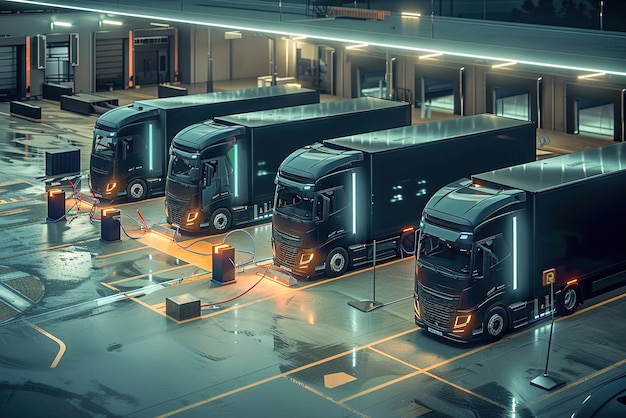 A fleet of electric trucks charges at a futuristic depot shift towards sustainable transportation in