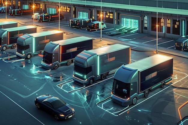 Photo a fleet of electric trucks charges at a futuristic depot shift towards sustainable transportation in